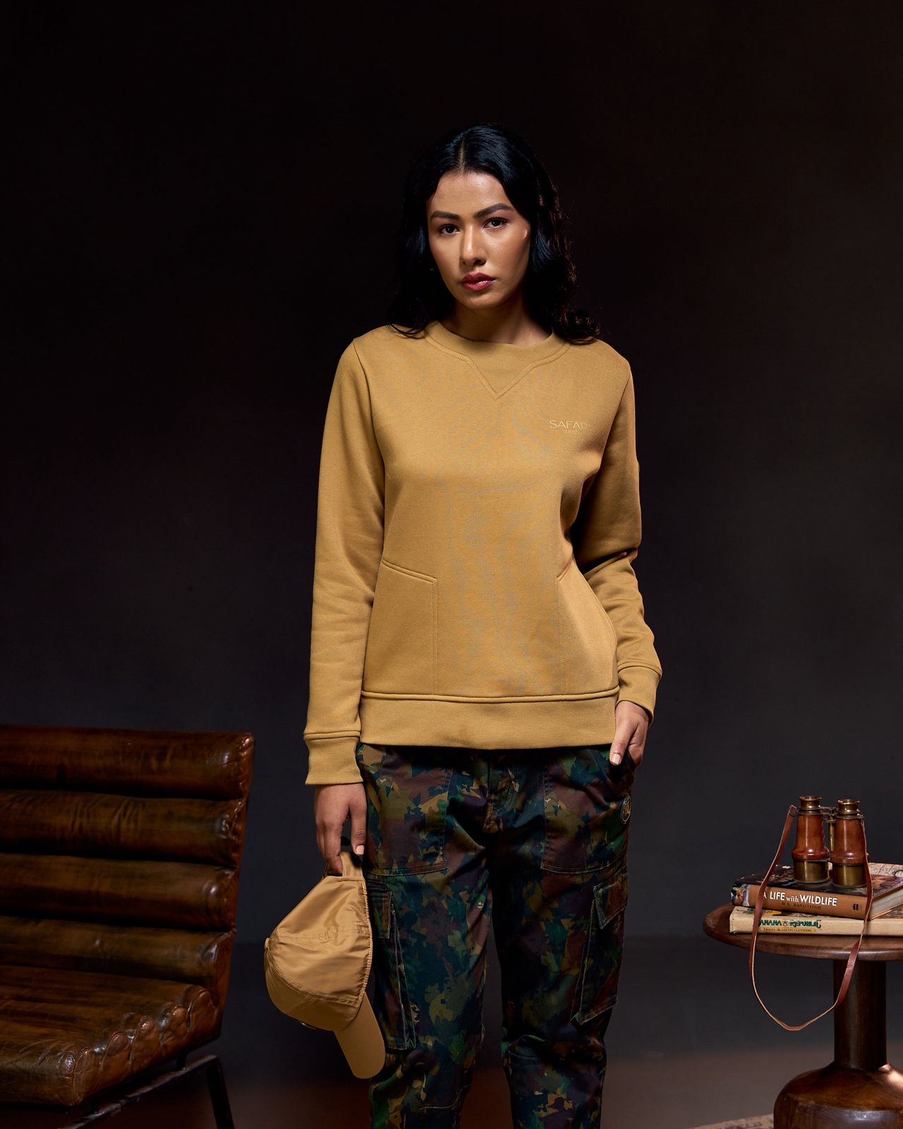 Casual Tan Sweatshirt with Camouflage Cargo Pants — Safari Outfits