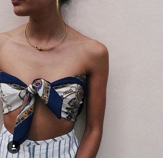 Silk Scarf as a Bandeau Top with Striped Pants — Silk Scarf Outfits