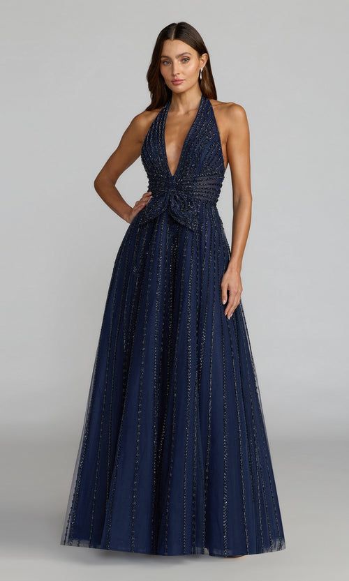 Navy Blue A-Line Gown with Halter Neckline — Military Ball Dresses