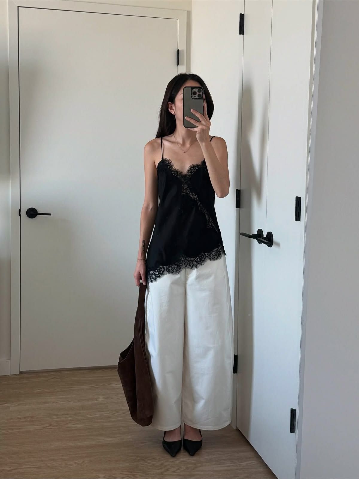 Spaghetti Strap Lace Camisole with White Wide-Leg Pants Spaghetti Strap Lace Camisole with White Wide-Leg Pants — Lace Top Outfits