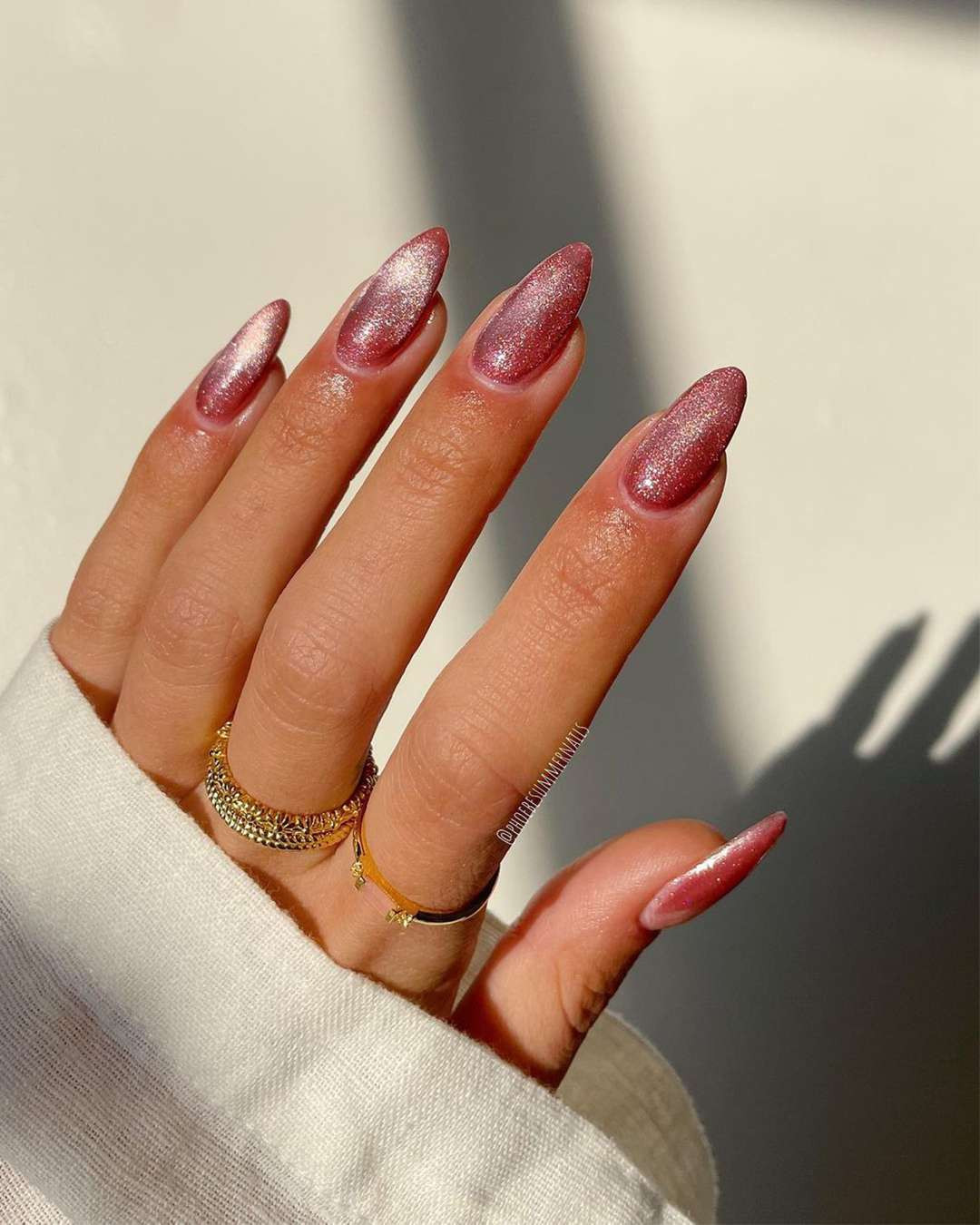 Long Almond Rose Gold Glitter Extensions — Nail Extensions
