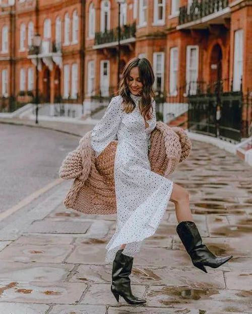 Polka Dot Midi Dress with Cardigan and Black Cowboy Boots — Cowboy Boot Outfits with Dress