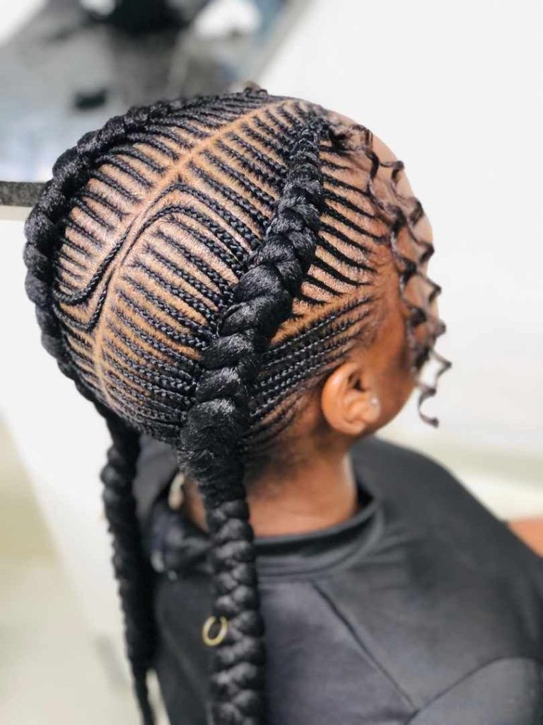 Mid-Back Geometric Pattern Cornrows Into Pigtails — Kids Cornrows