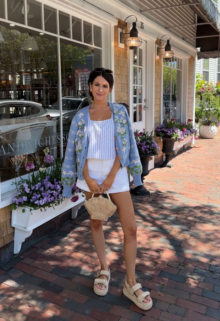 Embroidered Cardigan Over Striped Crop Top with White Shorts — Nantucket Outfits