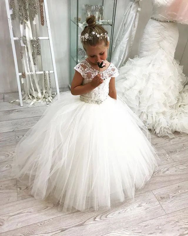 White Ball Gown with Beaded Bodice and Flower Crown White Ball Gown with Beaded Bodice and Flower Crown — Flower Girl Dresses