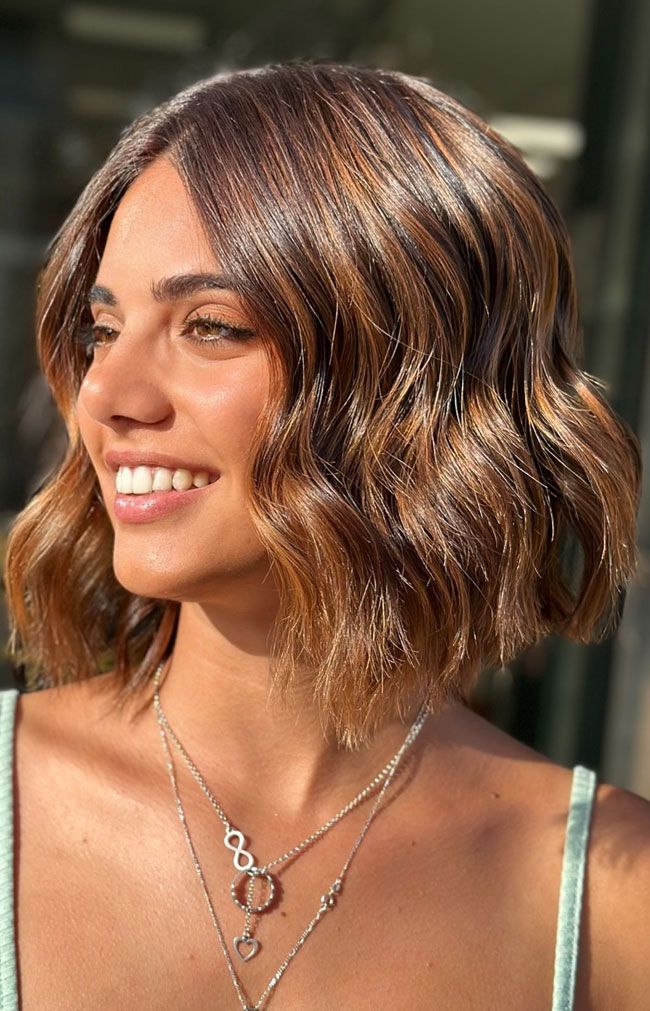Chocolate Bob With Caramel Highlights — Wavy Bob
