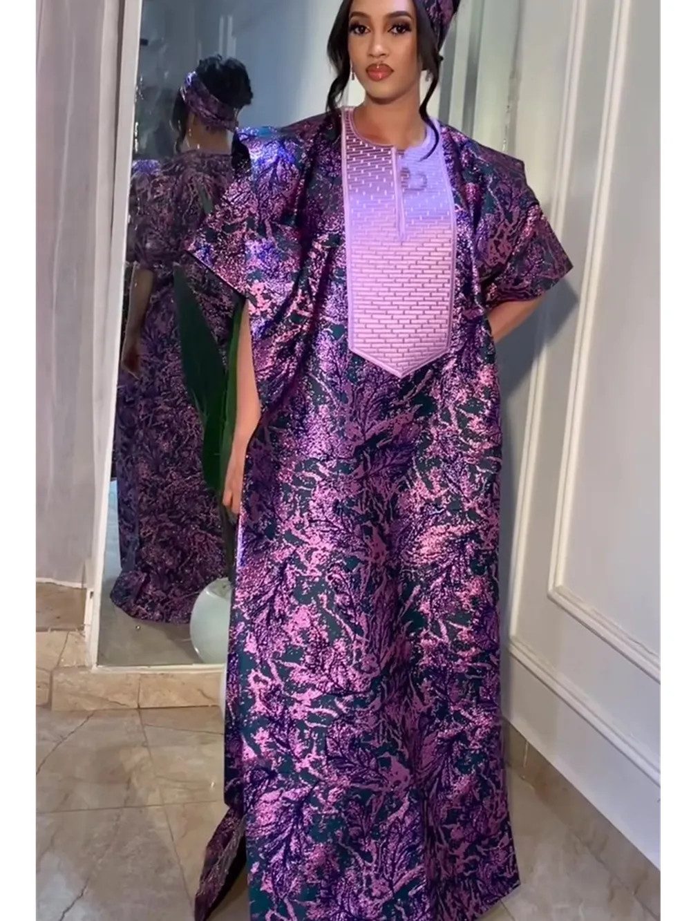 Purple and Green Shimmering Dashiki Gown with Headwrap Purple and Green Shimmering Dashiki Gown with Headwrap — Dashiki Outfits