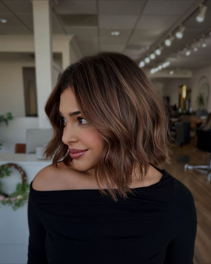 Wavy Bob With Subtle Caramel Highlights Wavy Bob With Subtle Caramel Highlights — Hair Color for Tan Skin