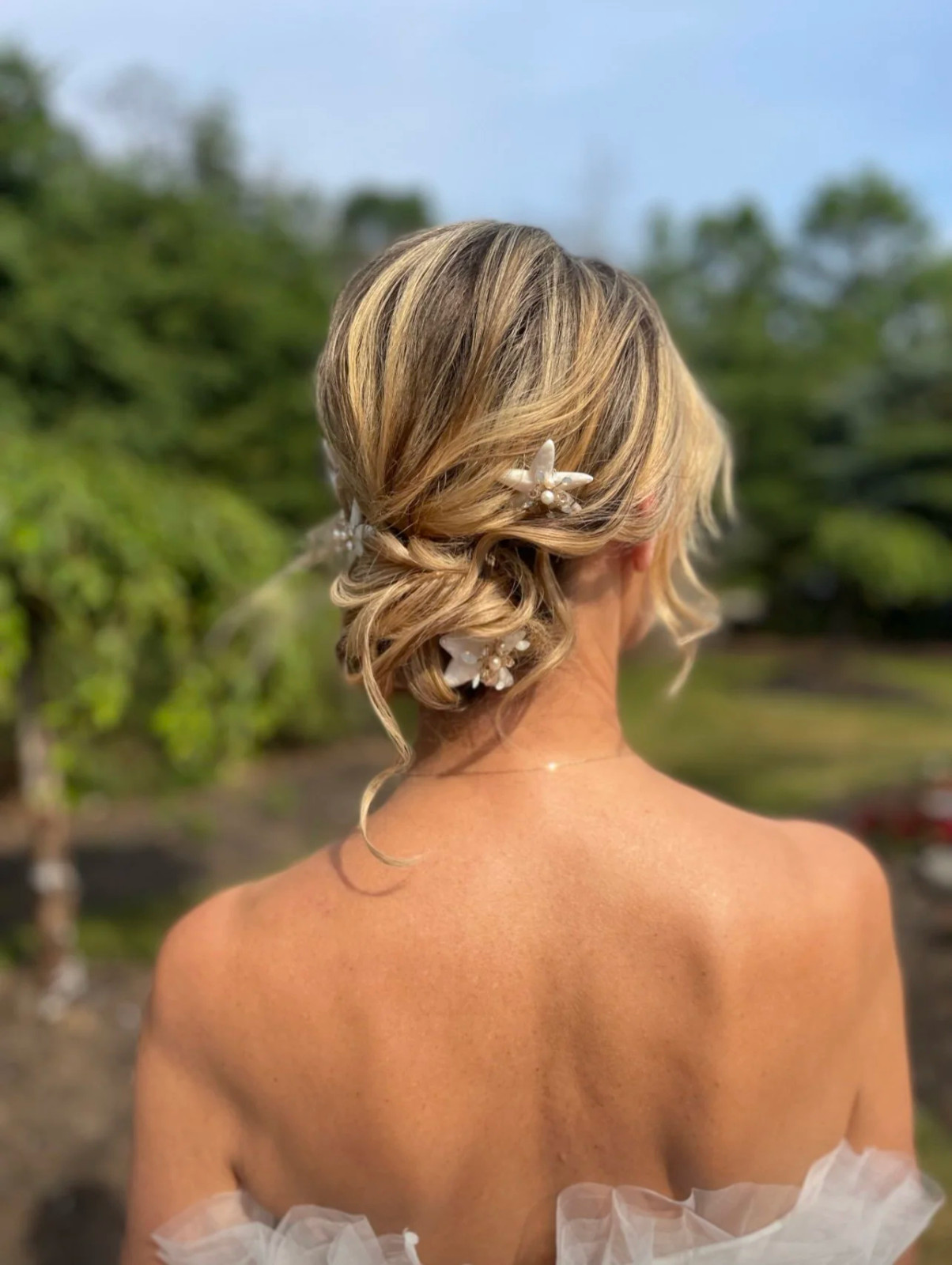 Blonde Balayage Updo With Floral Pins — Bridal Hair Accessories