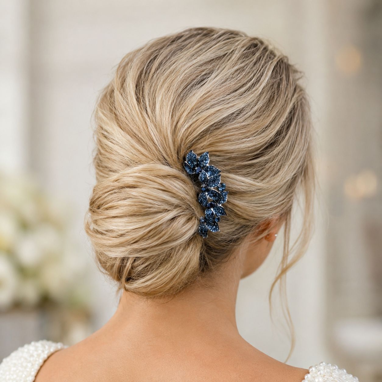 Blonde Collarbone Chignon with Crystal Clip — Church Hairstyles