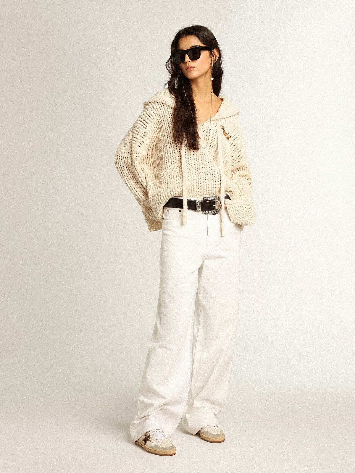 Cream Knit Cardigan with Leopard Star Sneakers — Golden Goose Outfits