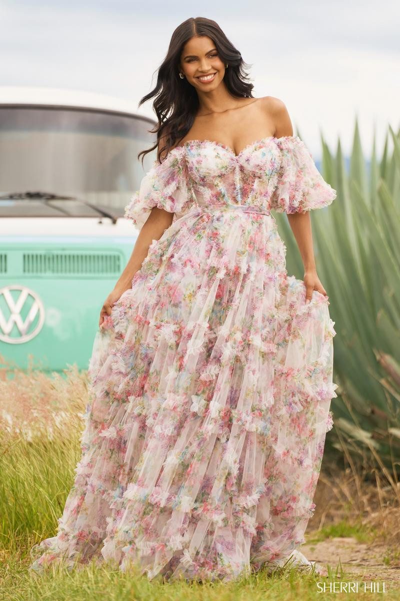 White Tulle Ball Gown with Floral Print and Off-the-Shoulder Ruffles White Tulle Ball Gown with Floral Print and Off-the-Shoulder Ruffles — Ruffle Dresses