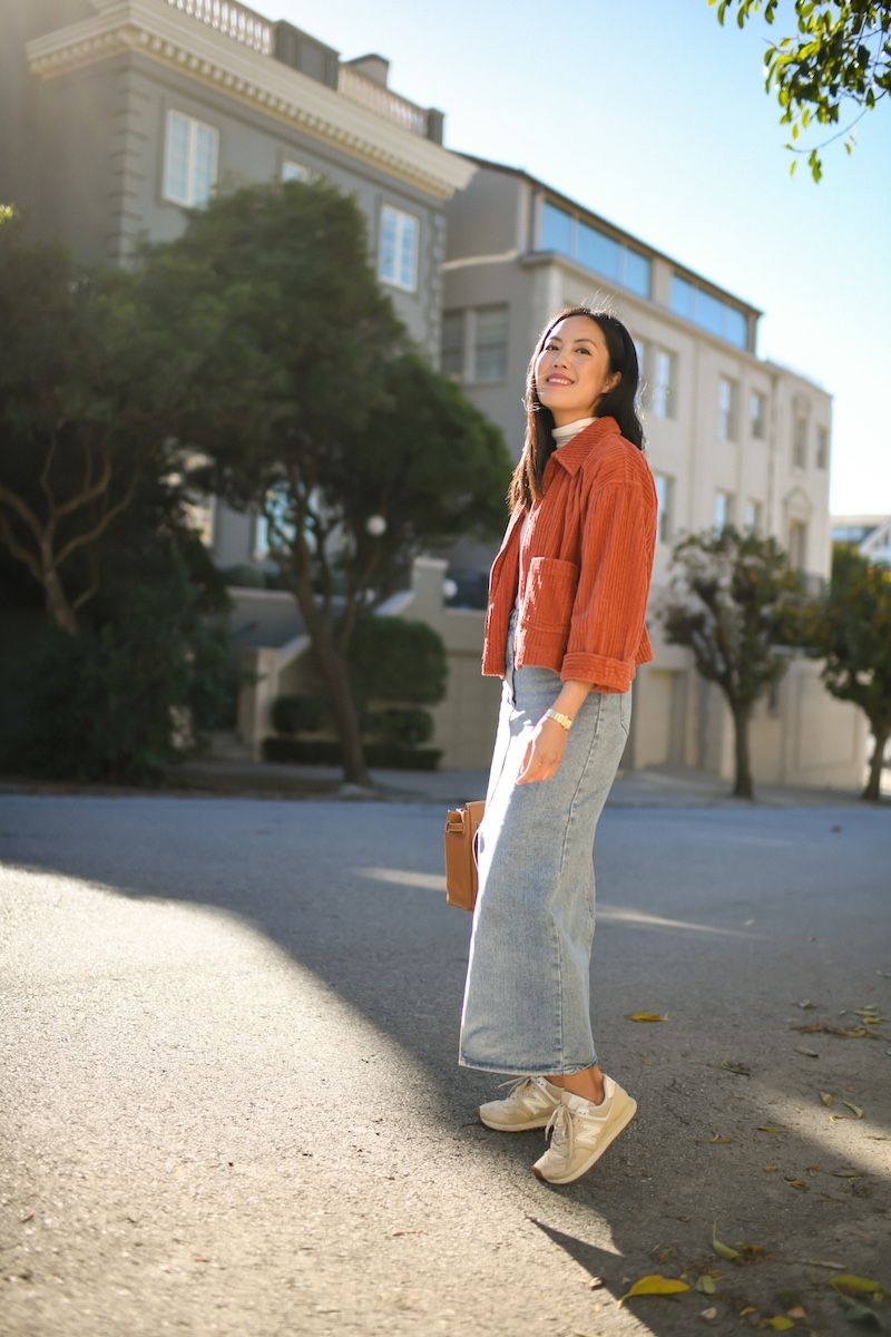 Rust Corduroy Jacket and Wide-Leg Jeans for Casual Daytime — San Francisco Outfits