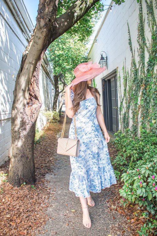Blue Floral Tiered Dress with Pink Hat and Crossbody Bag — Kentucky Derby Outfits