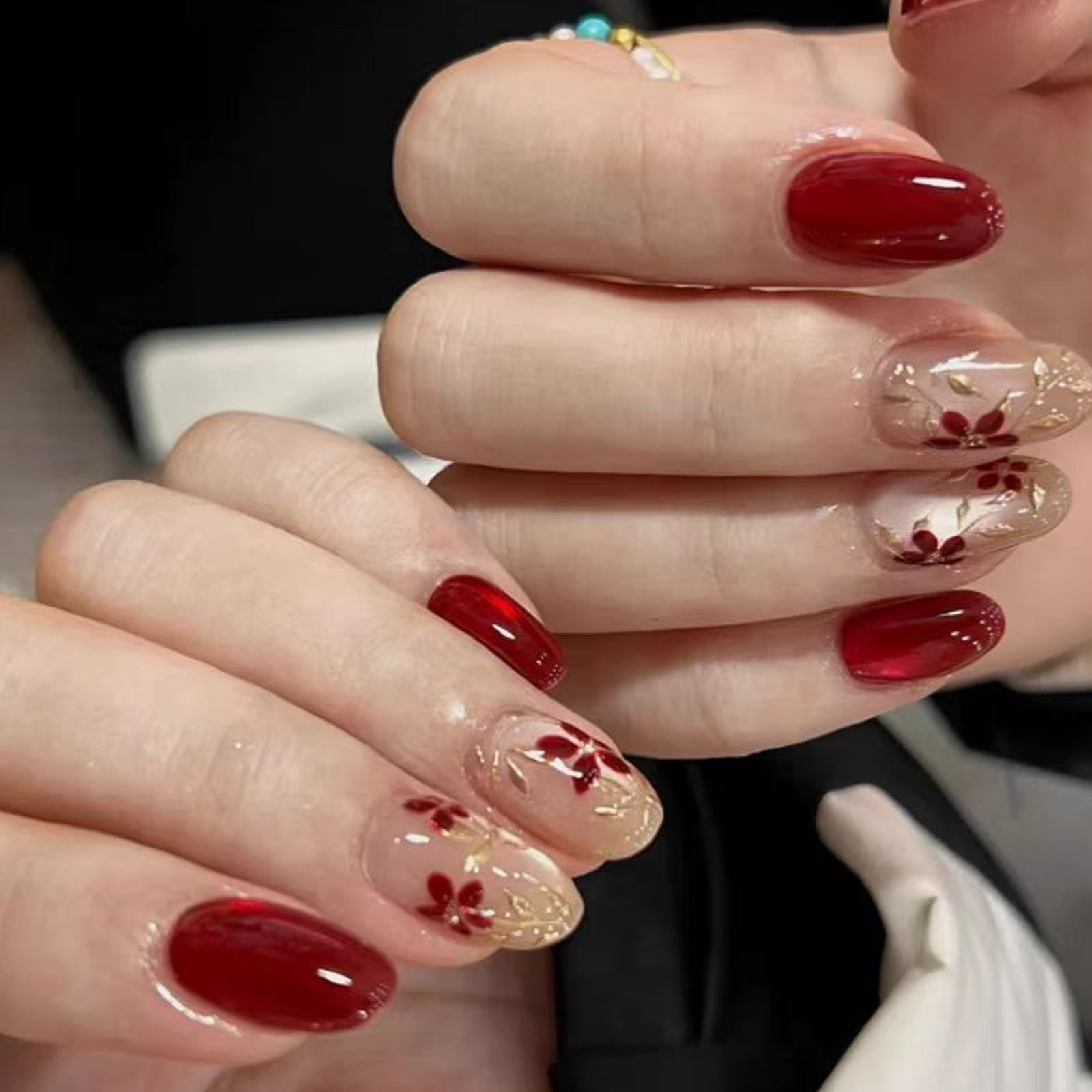 Red Floral Decals On Clear And Red Nails Visual Idea Red Floral Decals On Clear And Red Nails Visual Idea — Nails for Wide Nail Beds
