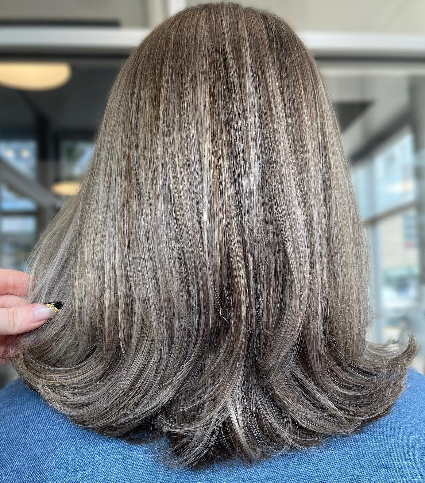 Collarbone Bob With Gray Highlights Collarbone Bob With Gray Highlights — Gray Blending for Dark Hair