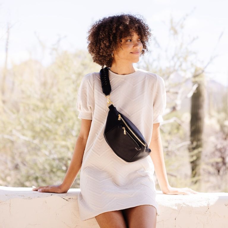 Casual Comfort: Black Leather Fanny Pack with Knit Dress Casual Comfort: Black Leather Fanny Pack with Knit Dress — Fanny Pack Outfits