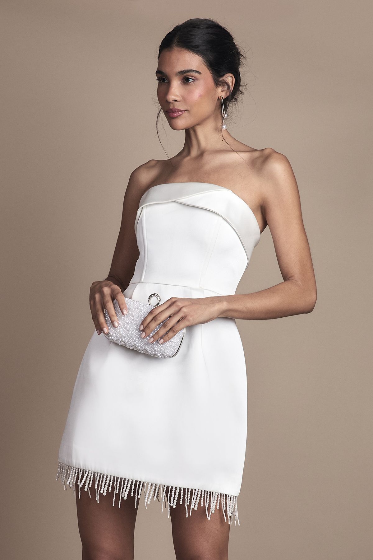 Edgy White Strapless Mini Dress with Fringe Hem Edgy White Strapless Mini Dress with Fringe Hem — White Dresses