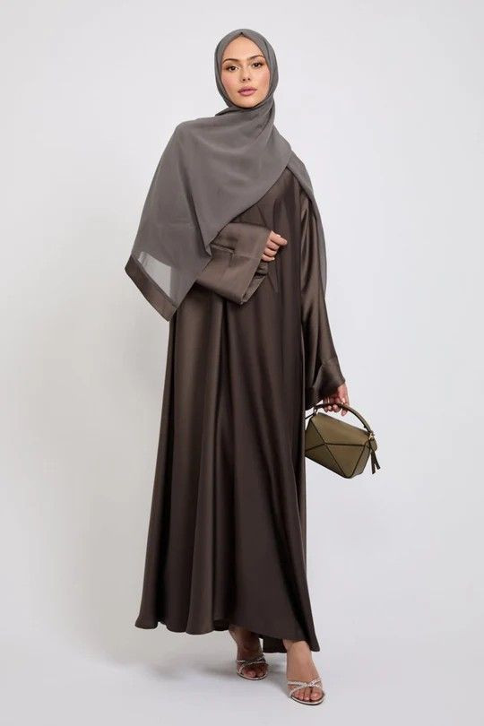 Dark Brown Satin Maxi Dress With Chiffon Hijab Overlay — Formal Hijab Outfits