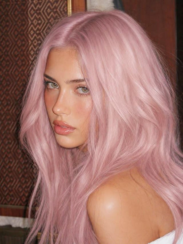 Pastel Pink Mid-Back Natural Waves Pastel Pink Mid-Back Natural Waves — Light Pink Hair