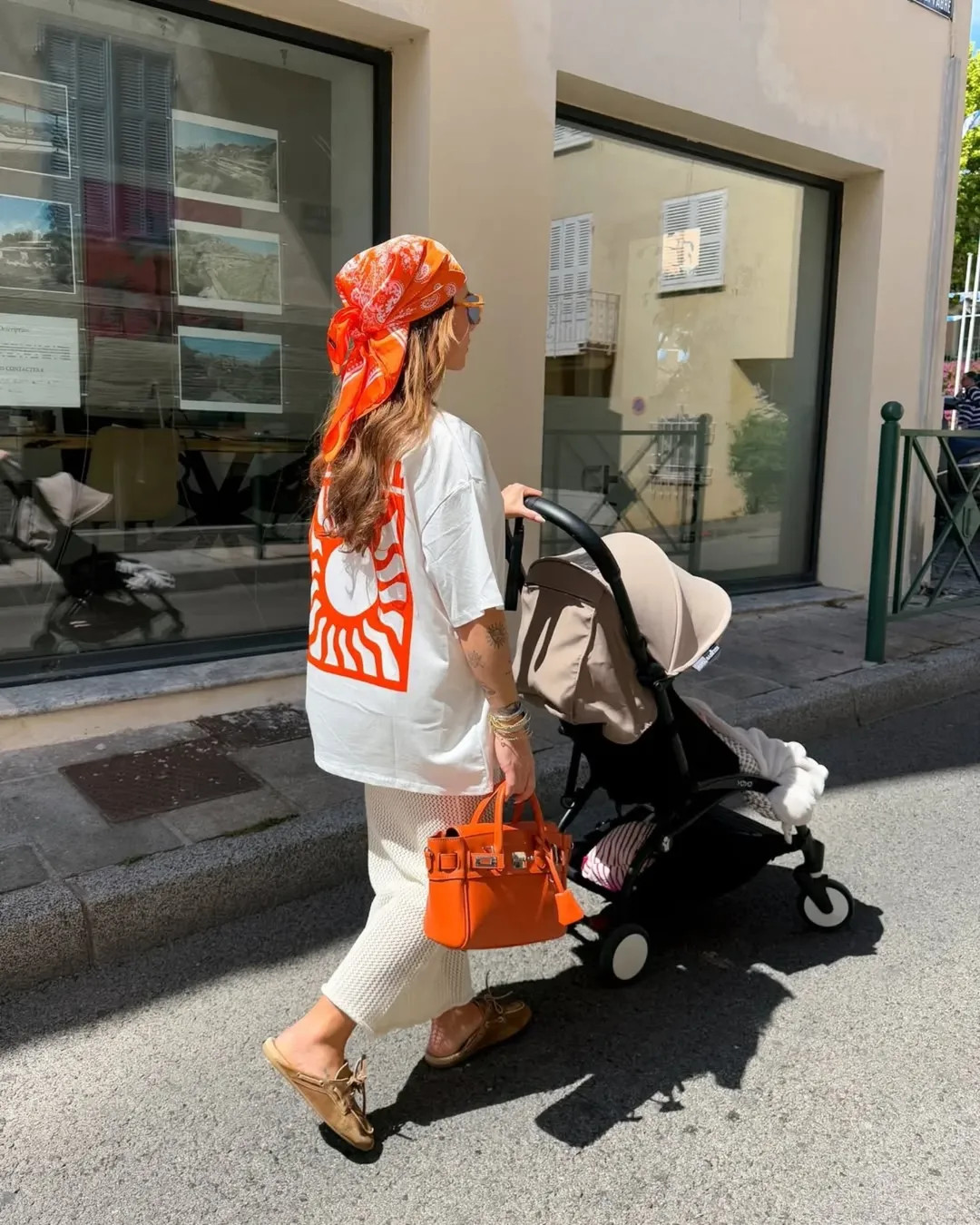 Bold Casual: Orange Headscarf with Graphic Tee and Knit Pants — Headscarf Outfits