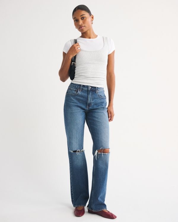 Wide-Leg Ripped Jeans with Layered Tops