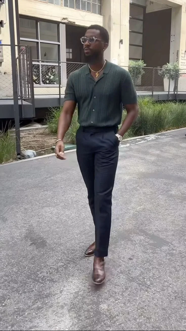 Textured Smart Casual: Dark Green Knit Shirt and Tailored Trousers Textured Smart Casual: Dark Green Knit Shirt and Tailored Trousers — Outfits for Men Over 40