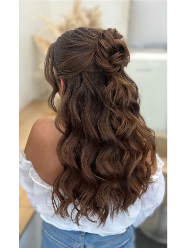 Long Medium Brown Half-Up Bun — Prom Hair Down