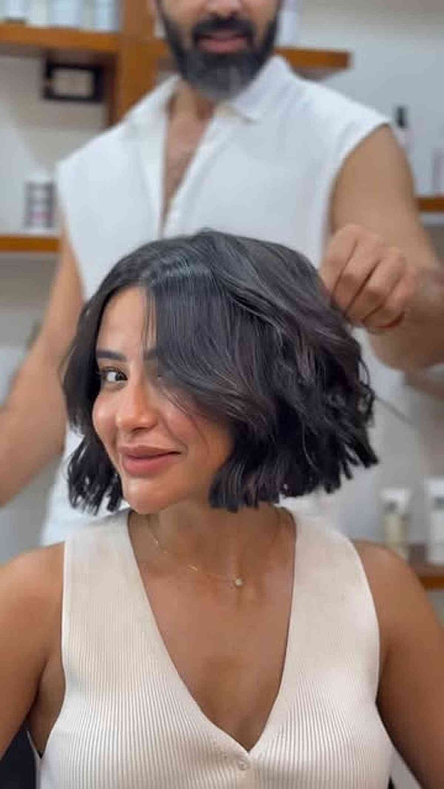 Sharp Dark Brown Bob With Defined Waves — Wavy Bob