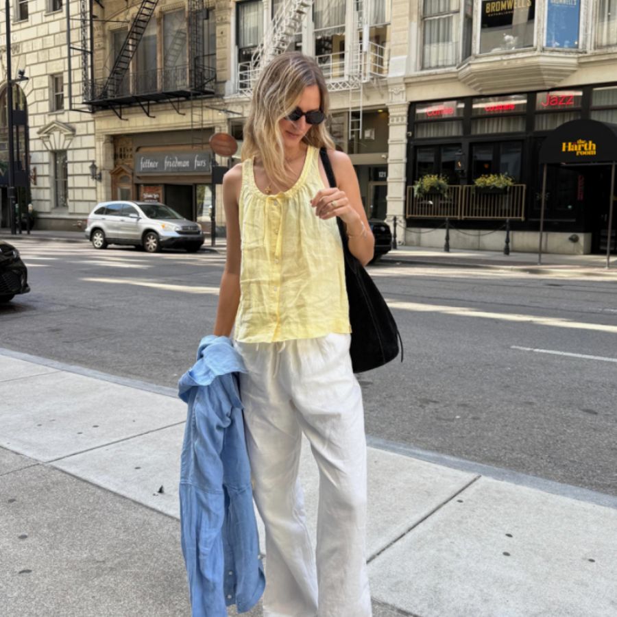 Yellow Linen Tank Top with White Linen Pants for a Relaxed Summer Look — Tank Top Outfits