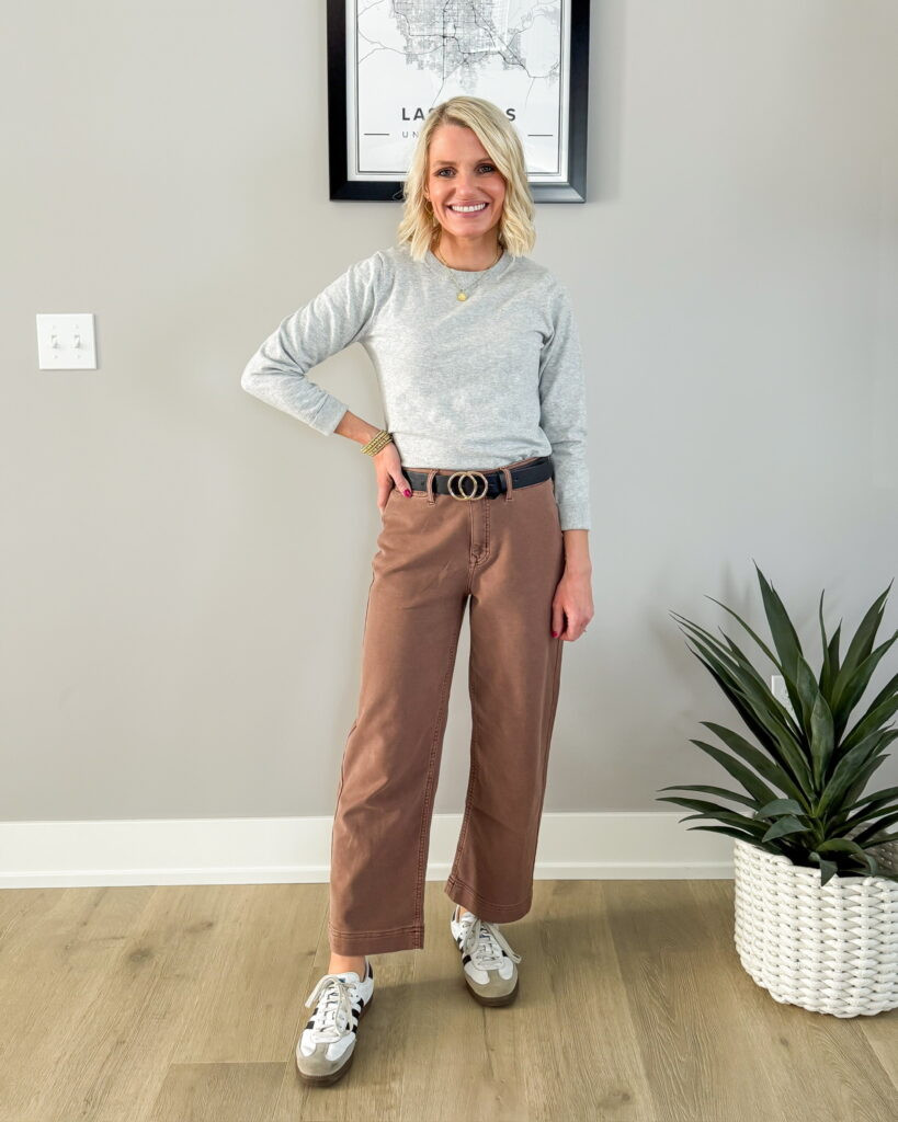 Comfortable Grey Tee with Wide-Leg Brown Pants — Preschool Teacher Outfits