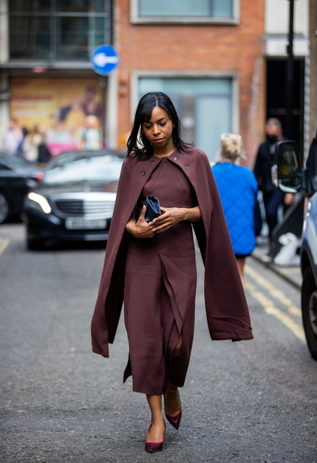 Fitted Brown Midi Dress with Dramatic Cape and Burgundy Heels — Midi Dress Outfits