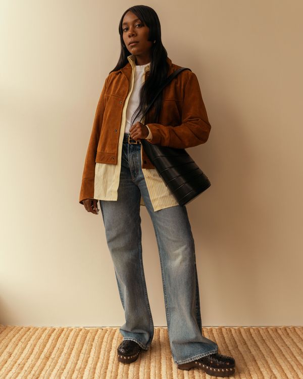 Layered Shirts and Suede Jacket with Black Studded Clogs — Clog Outfits