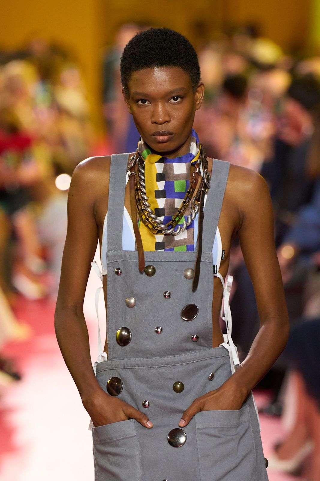 Miu Miu Grey Overall Dress with Silver Buttons — Miu Miu Outfits