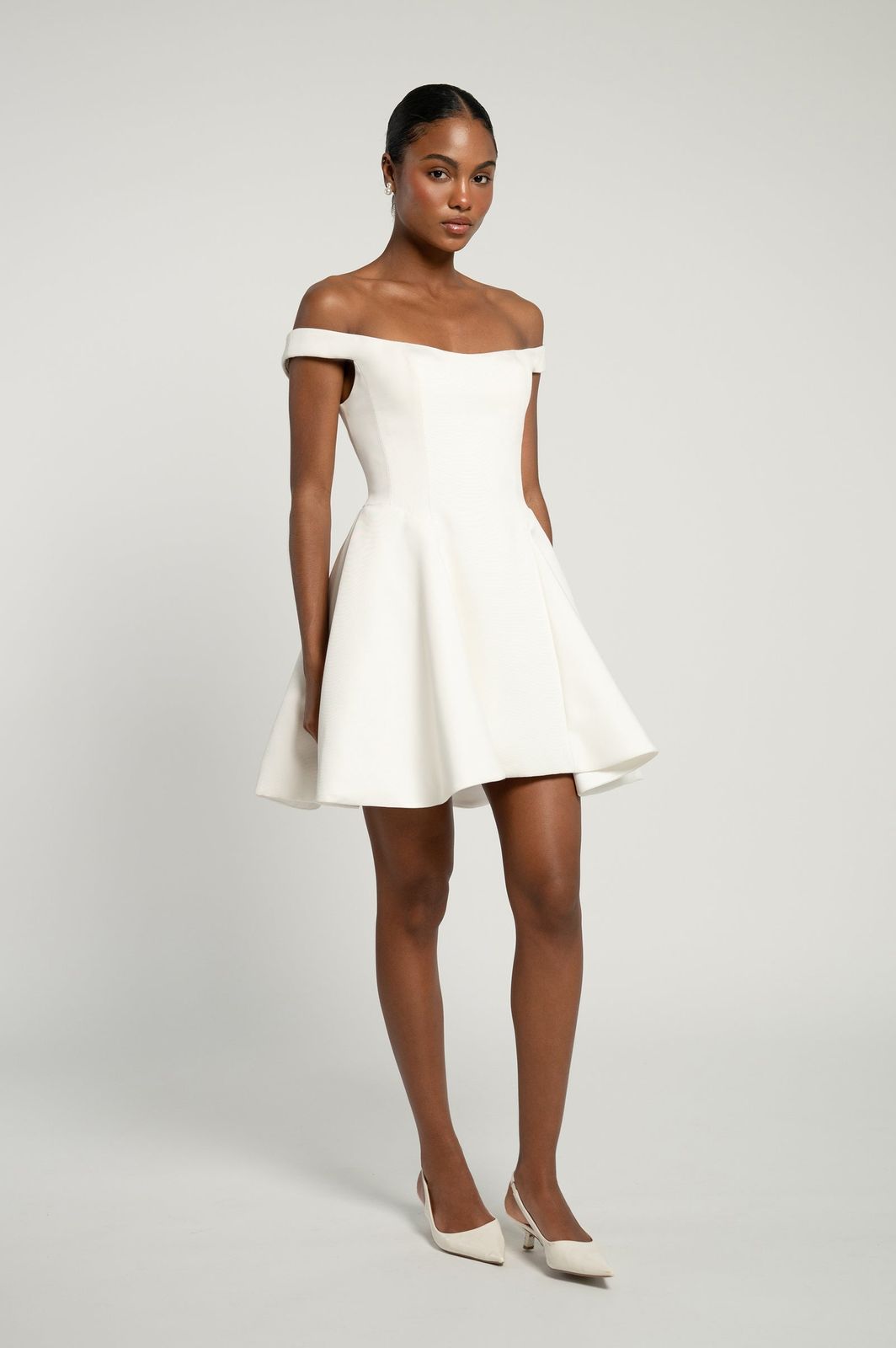 Minimalist White Off-the-Shoulder Mini Dress Minimalist White Off-the-Shoulder Mini Dress — Bridal Shower Dresses