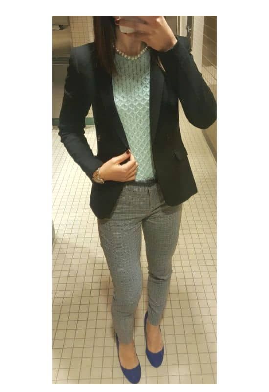 Grey Plaid Trousers with Blue Sweater and Ballet Flats for Court Grey Plaid Trousers with Blue Sweater and Ballet Flats for Court — Court Outfits