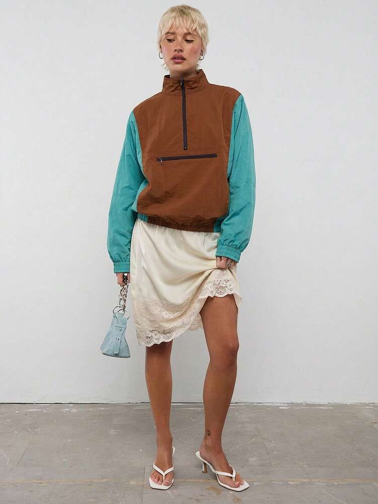 Colorblock Track Jacket Over Lace Slip Dress — Track Jacket Outfits