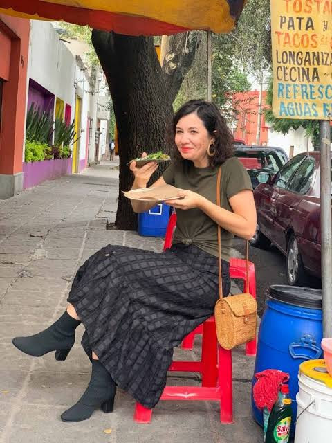Textured Midi Skirt with Tucked-In Tee for City Dining — Mexico City Outfits