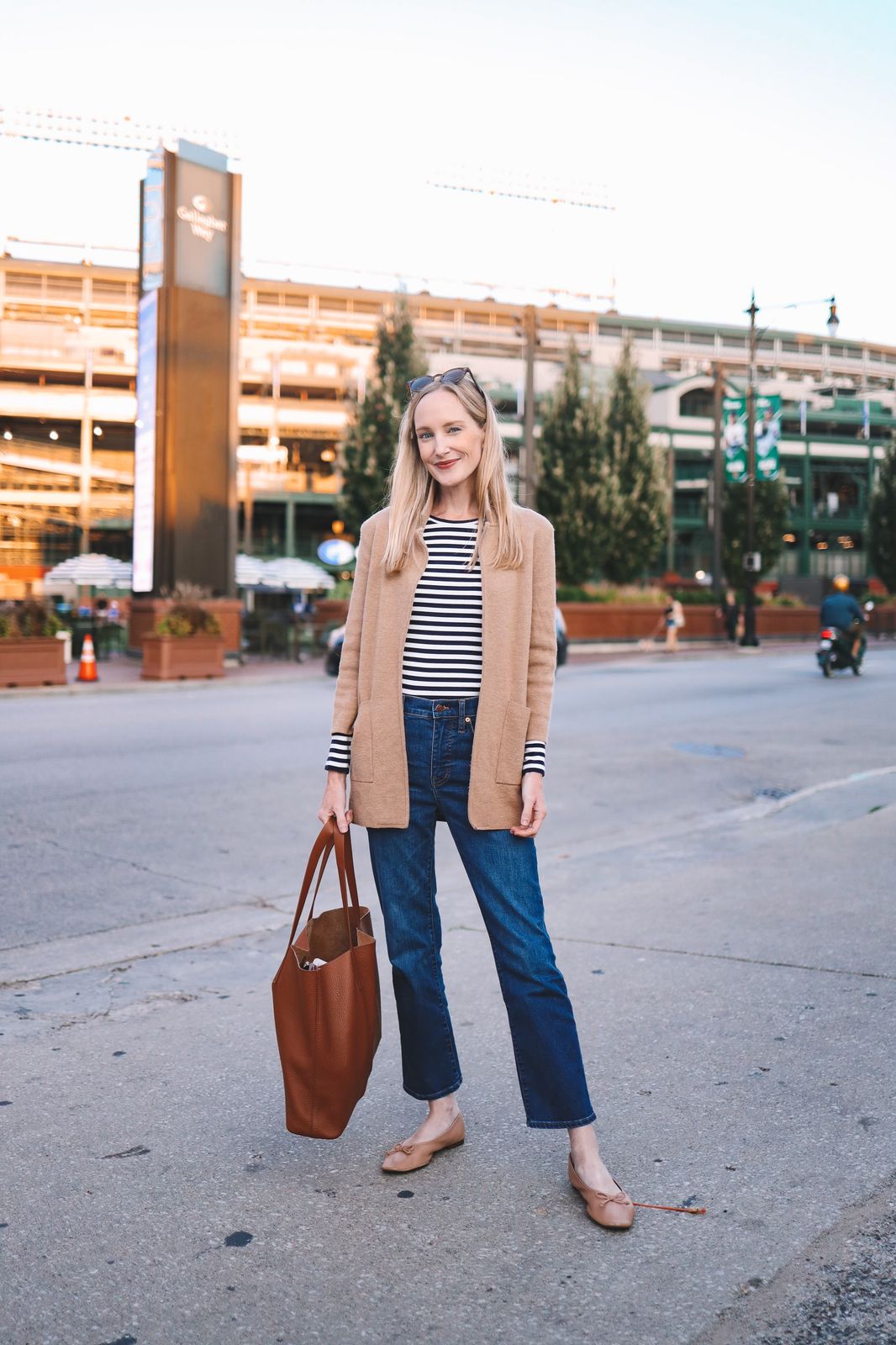 Camel Cardigan and Striped Tee for Casual Comfort Camel Cardigan and Striped Tee for Casual Comfort — J Crew Outfits