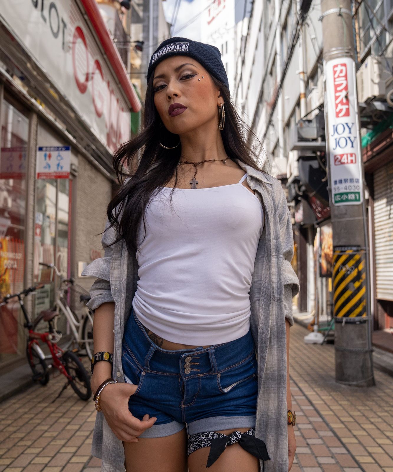 Denim Shorts with Plaid Shirt and Leg Bandana Denim Shorts with Plaid Shirt and Leg Bandana — Chola Outfits