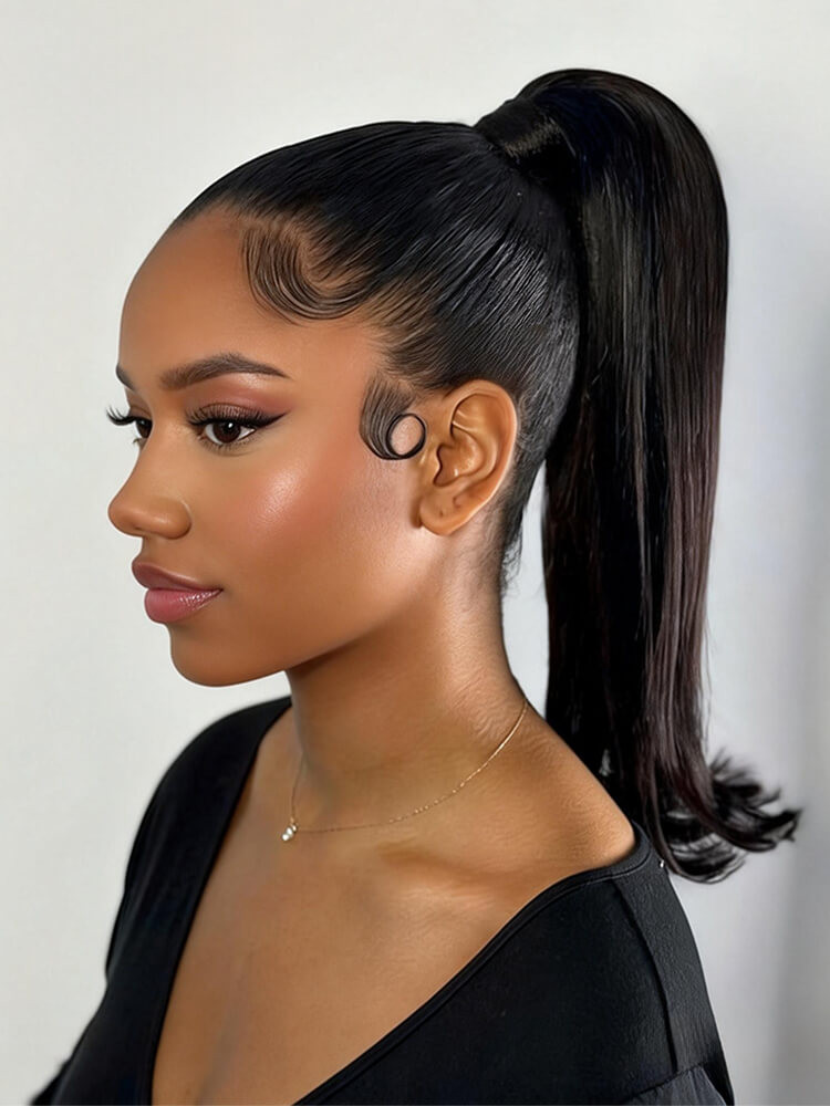 Sleek Black Ponytail With Defined Edges Sleek Black Ponytail With Defined Edges — Frontal Ponytail
