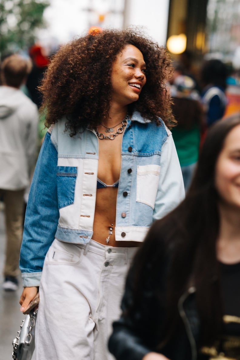 Color-Block Denim Jacket with Bikini and Wide-Leg Pants Color-Block Denim Jacket with Bikini and Wide-Leg Pants — Jean Jacket Outfits