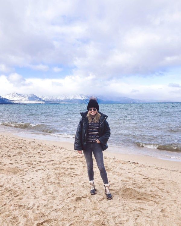 Black Puffer Jacket for a Cozy Winter Beach Walk — Lake Tahoe Outfits