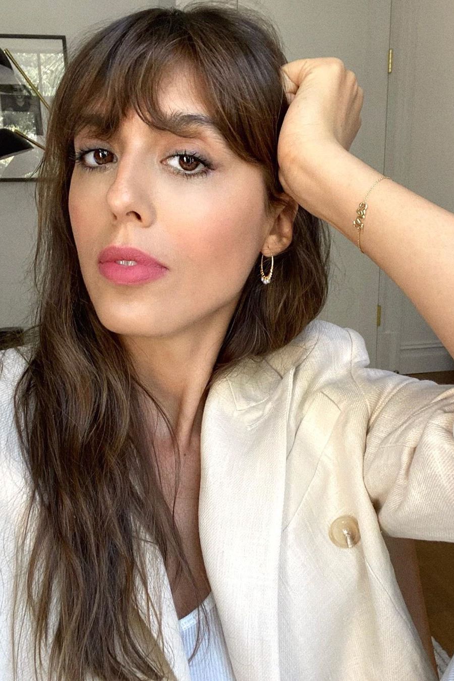 Linen Blazer and French Bangs for Casual Chic Daytime Linen Blazer and French Bangs for Casual Chic Daytime