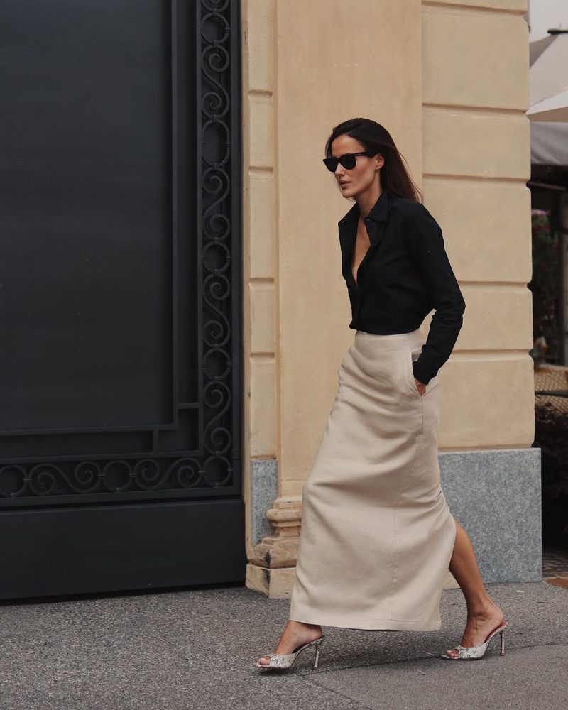 Linen Maxi Skirt with Button-Down Shirt for Evening — Long Skirt Outfits