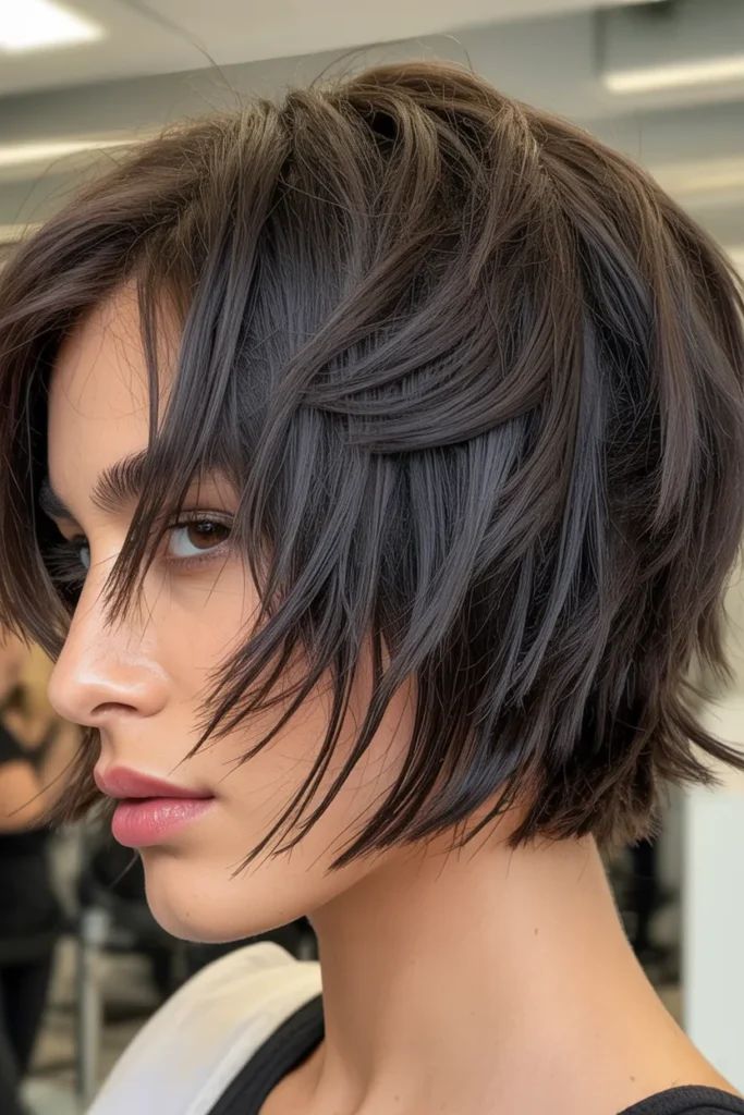 Edgy Dark Brown Bob With Textured Layers — Layered Bob