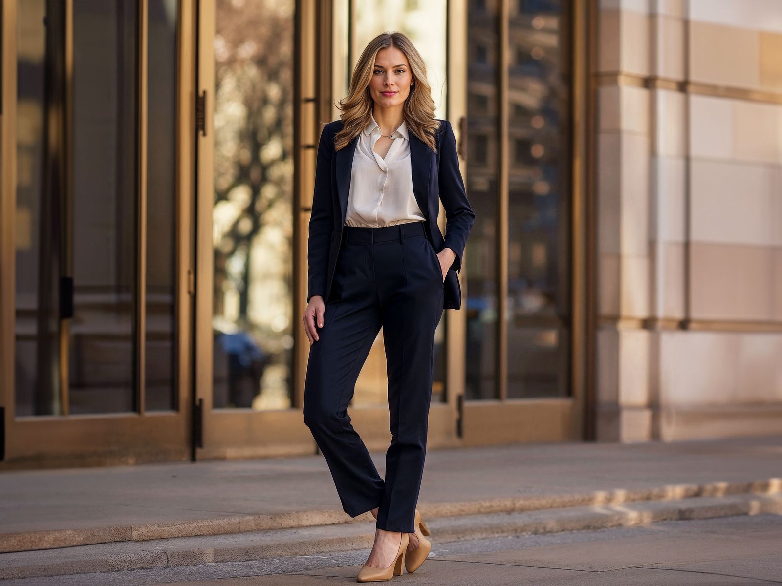 Classic Professionalism: Navy Blazer with Cream Blouse Classic Professionalism: Navy Blazer with Cream Blouse — Substitute Teacher Outfits