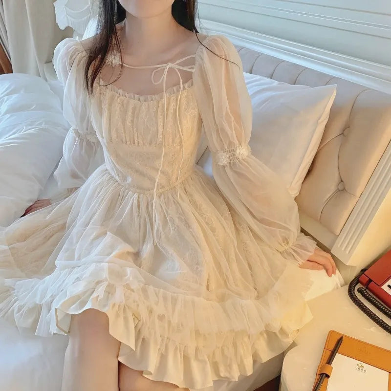 Cream Sheer Dress with Voluminous Ruffled Sleeves — Angelcore Outfits