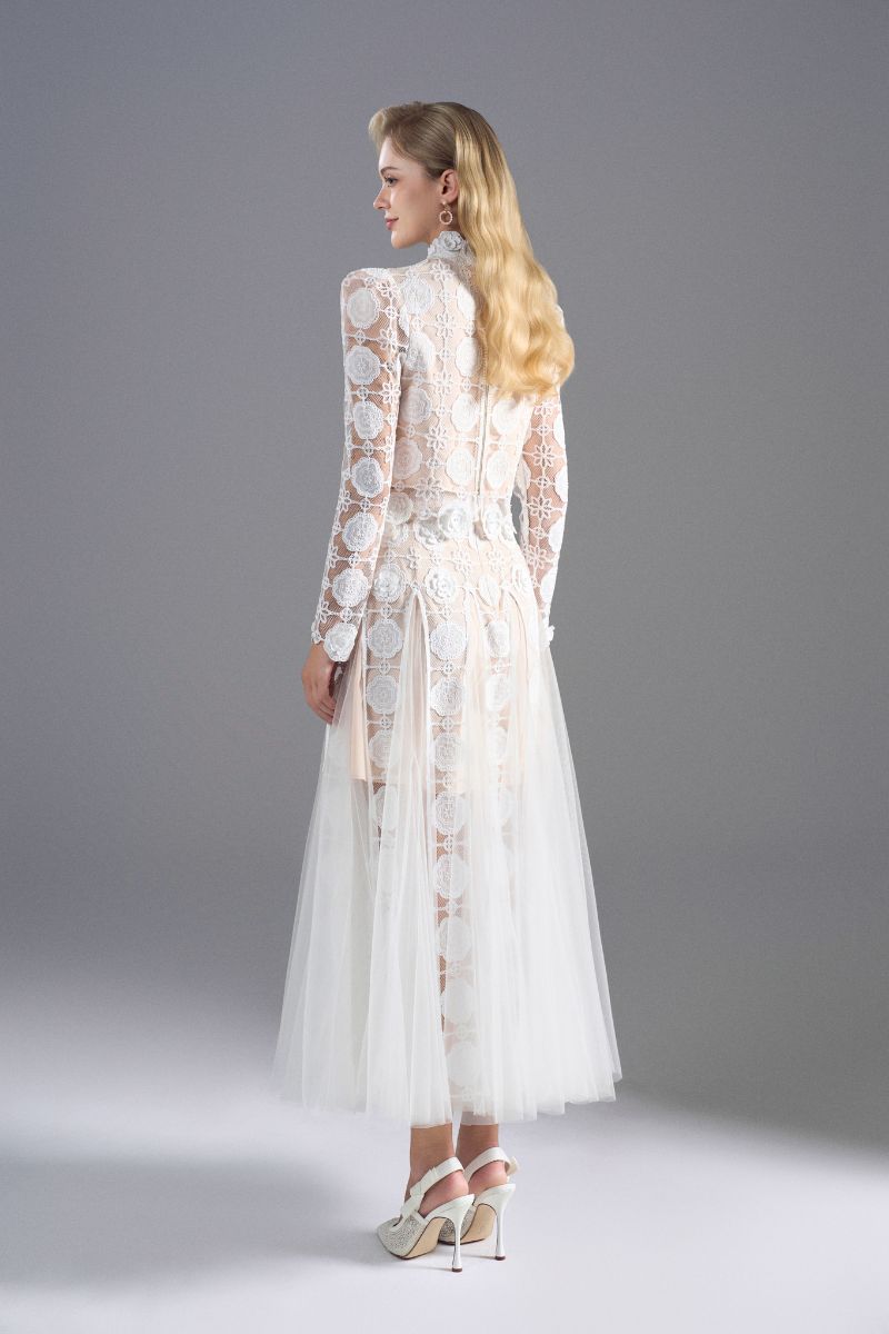 White Long Sleeve Lace Midi Dress with Circular Pattern and Tulle Skirt — Semi Formal Dresses