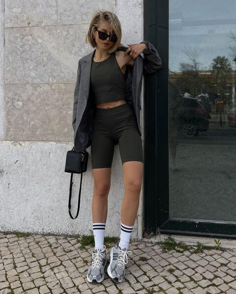 Dark Olive Biker Shorts Set With Grey Blazer — Biker Shorts Outfits